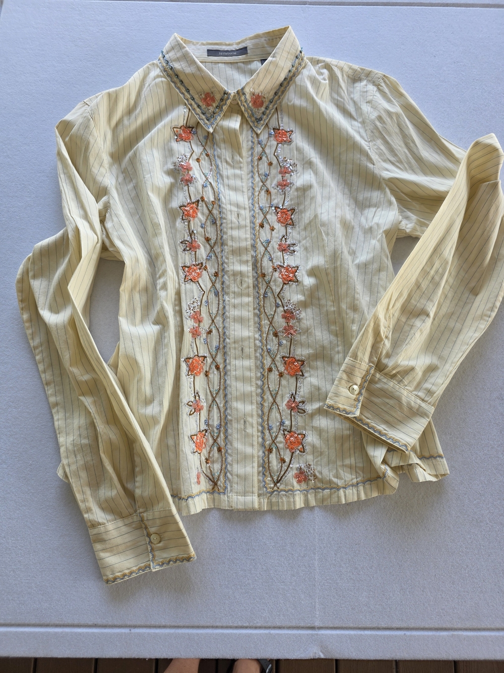 Liz Claiborne Yellowish Cream Striped Button-Down with Coral Floral Embroidery